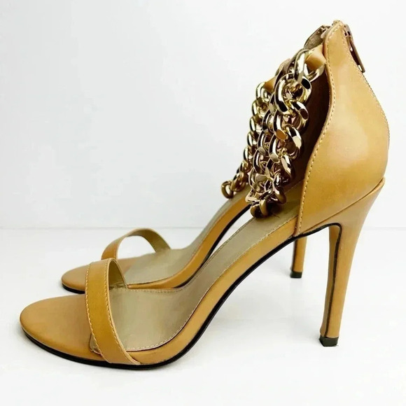 4th Reckless Shoes - High 4” heel open toe shoe, Size 9, gold chain accents, tan Size 9, Elegant Sexy